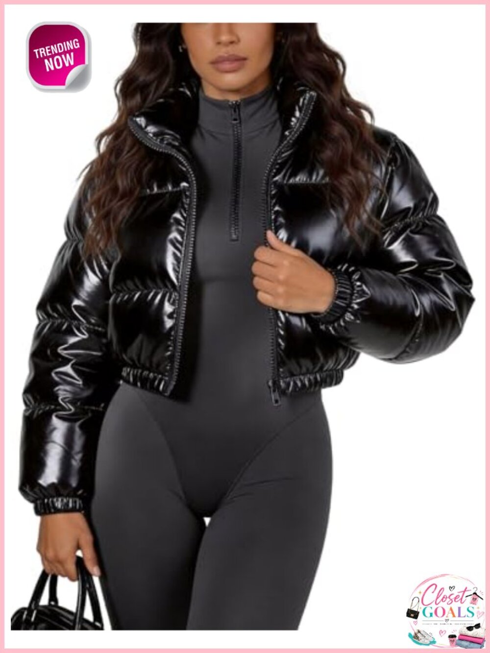 Women's Y2K Metallic Shiny Cropped Puffer Jacket Quilted Winter Coat